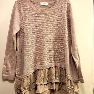 Simply Couture Tan Crew Neck Sweater with Chiffon Ruffle bottom